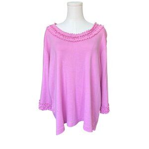Quacker Factory Plus Size‎ Top 1X Embellished Ruffle Long Sleeves Oversized Pink